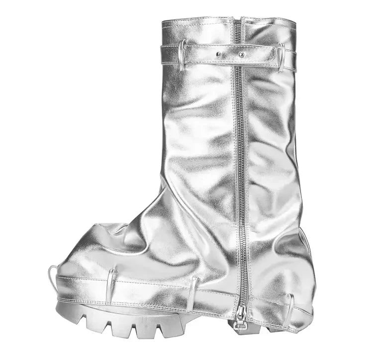 Fold Over Boots Chunky High Heels Mid Calf Platform Punk Gothic Fashion
