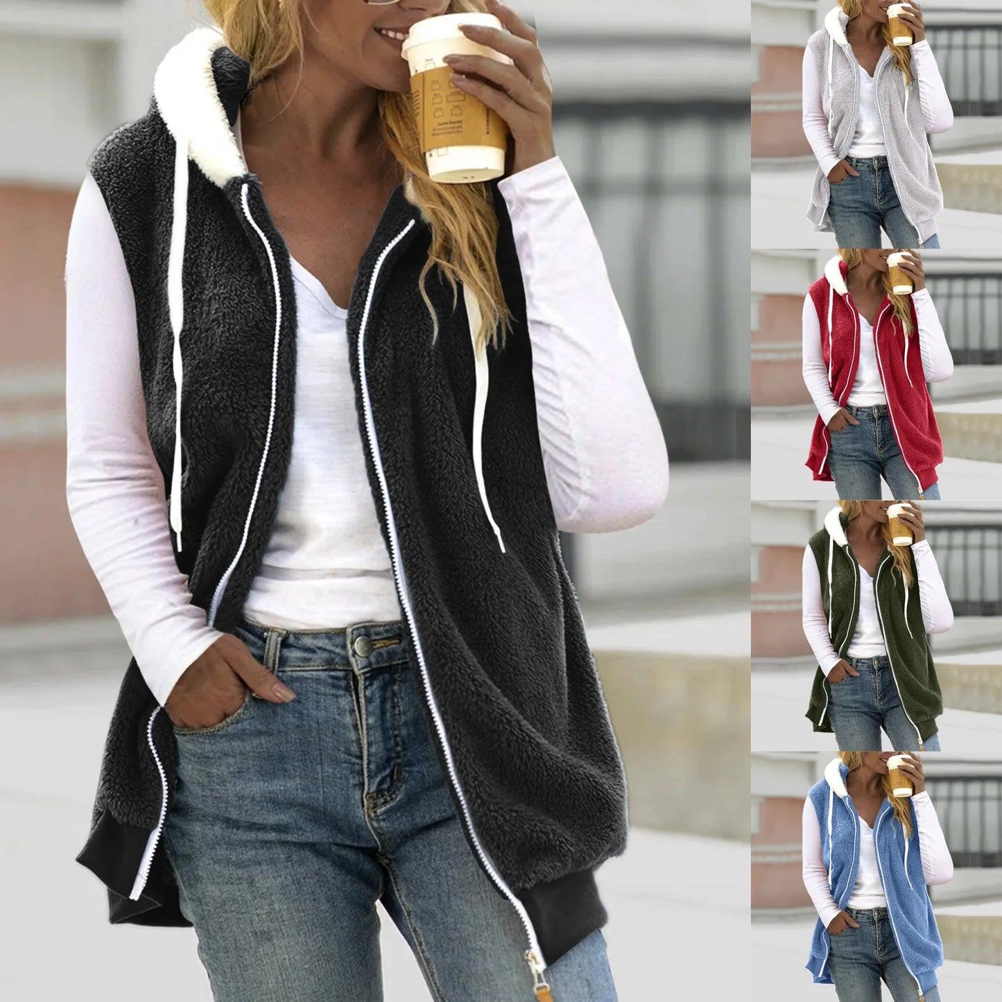 Plus Size Vests Outerwear Women Plush Sleeveless Hooded Vest Jackets Zip-Up Fleece Waistcoat