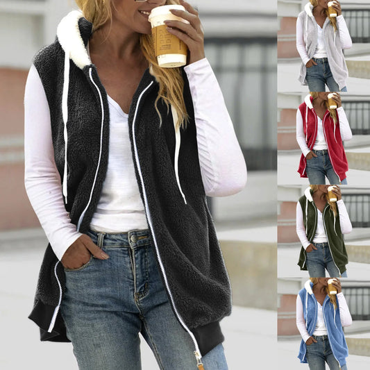 Plus Size Vests Outerwear Women Plush Sleeveless Hooded Vest Jackets Zip-Up Fleece Waistcoat
