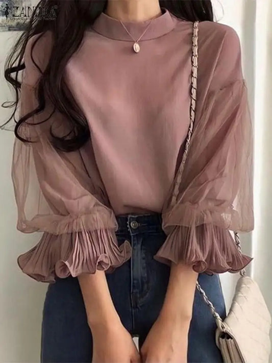 Elegant Party Blouse Chic Mesh Ruffle 3/4 Sleeve Tops Designer Stand Collar Shirts