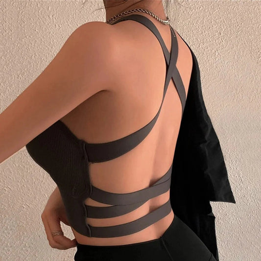 Cross-back Hollow Out Knitted Camisole Summer Sports Cropped Padded Tanks Push  Bra