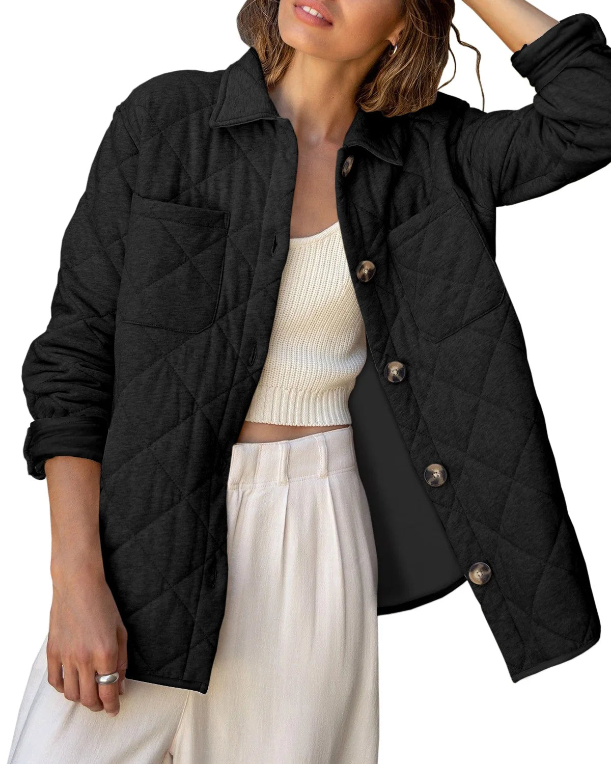Lightweight Quilted Jackets Loose Casual Elegant Lapel Collared Single-breasted Warmth Jacket