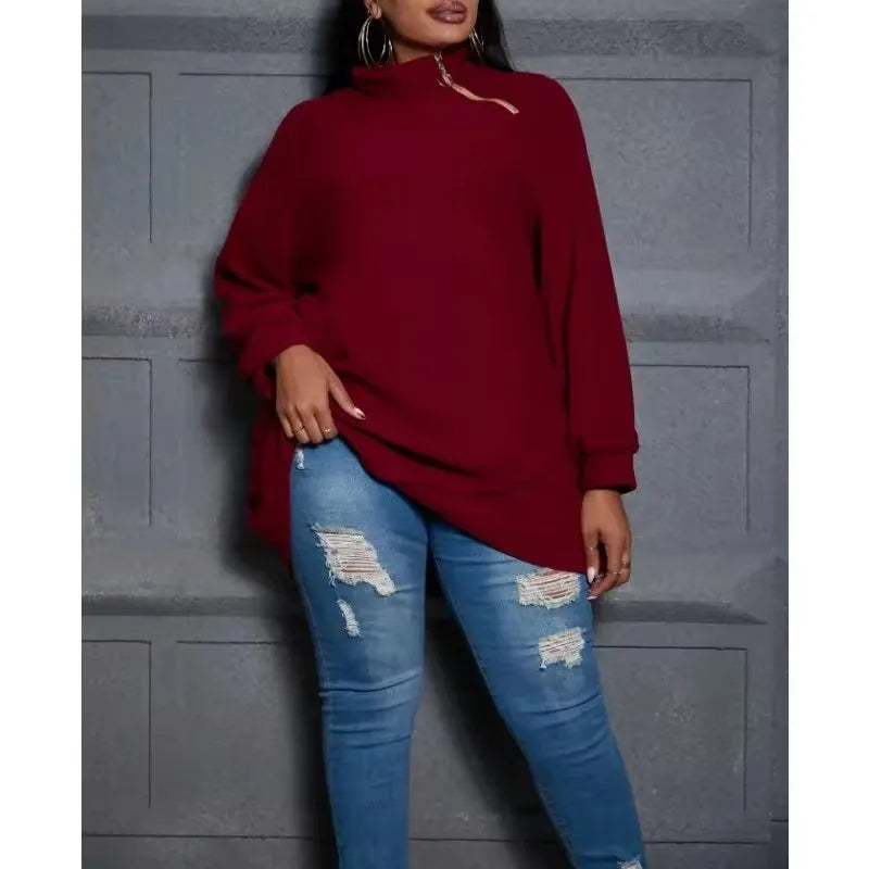 Plus Size 1XL-5XL Women's Fashion Irregular High Neck Casual Sweater Zipper Loose Top Casual Solid Color