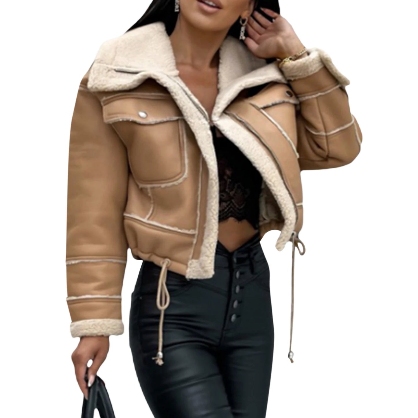 Winter Coat Stylish Long Sleeve Jacket with Zipper Closure and Patchwork Design Featuring Warm Outwear
