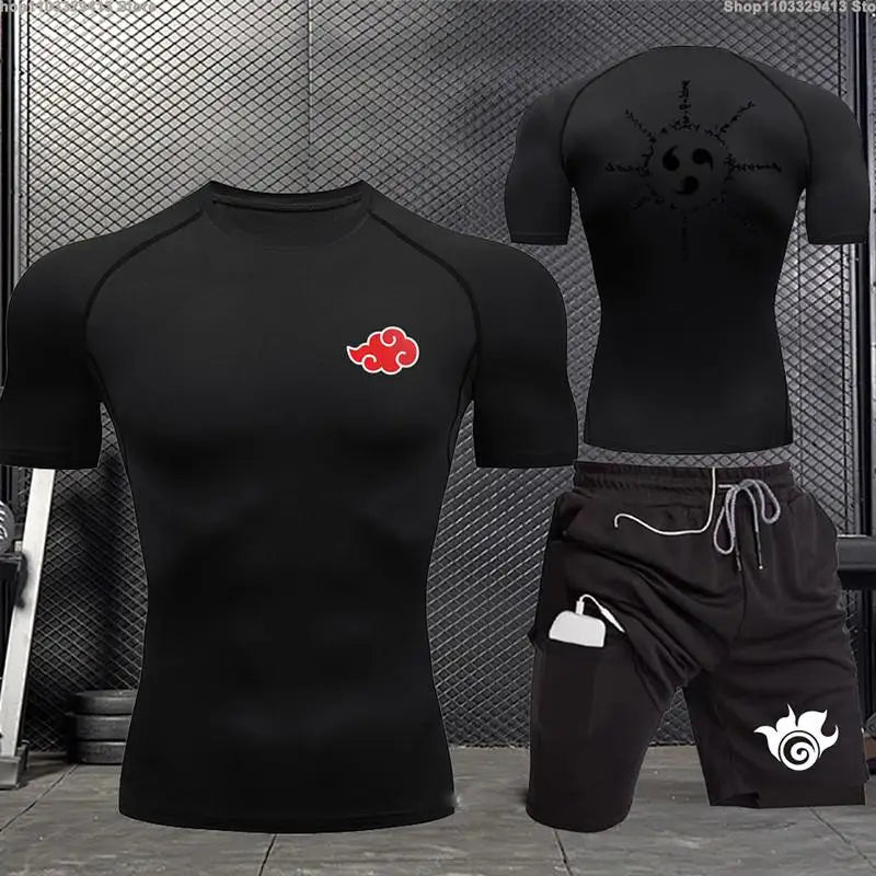 Jogging Breathable Compression Sportswear Summer Men's Training Two-piece Tight T-shirt Fitness Shorts Gym Workout Set S-3xl