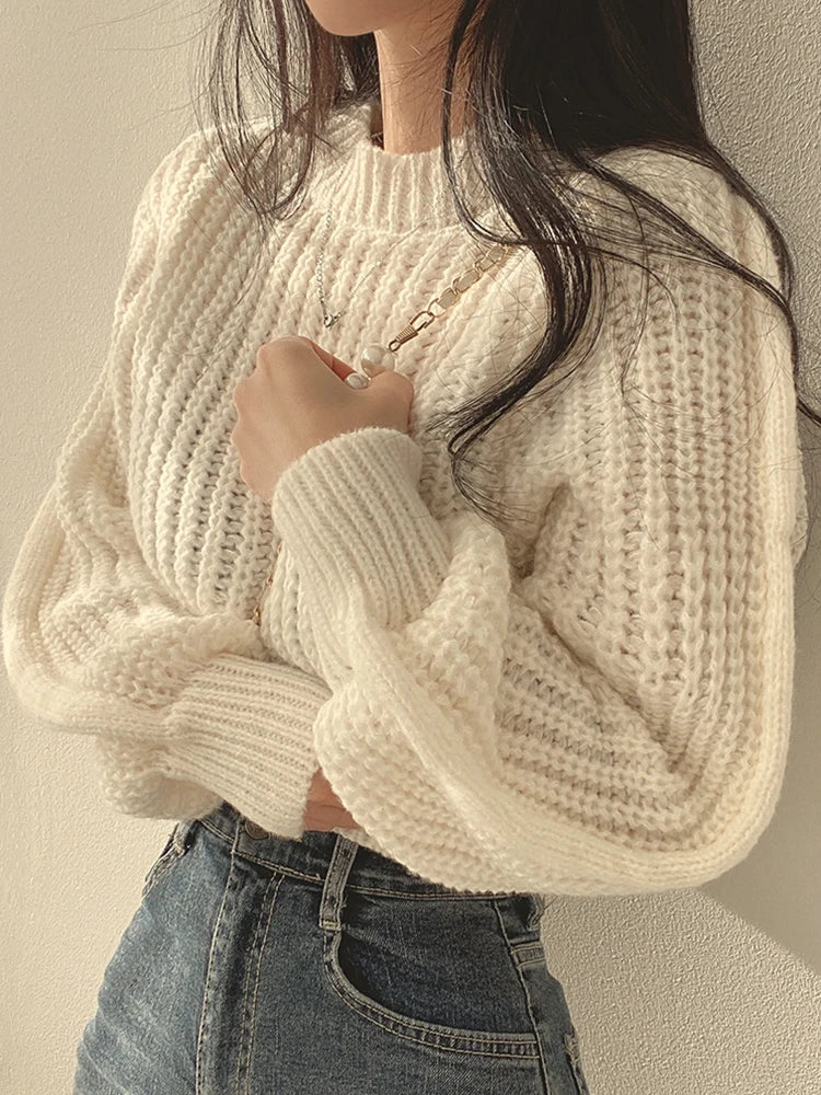 Loose Vintage Lantern Long Sleeve Women Sweater Knitwear Soft Warm Tops Chic Solid Femme Sweater