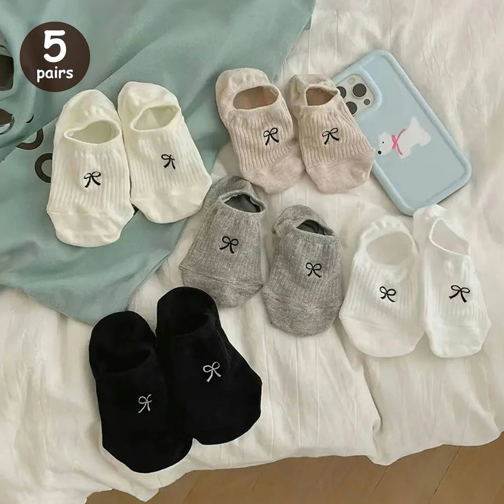 5 Pairs/Lot Summer Short Women White Socks Low  Cool Socks Set Cute Print Ankle Foot Cover Fashion