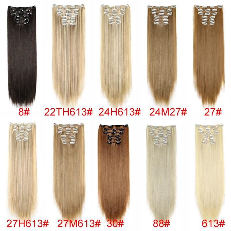 Synthetic 24Inch 16 Clips in Hair Extensions Long Straight Hairstyle Hairpieces Heat Resistant False Hair Daily Use
