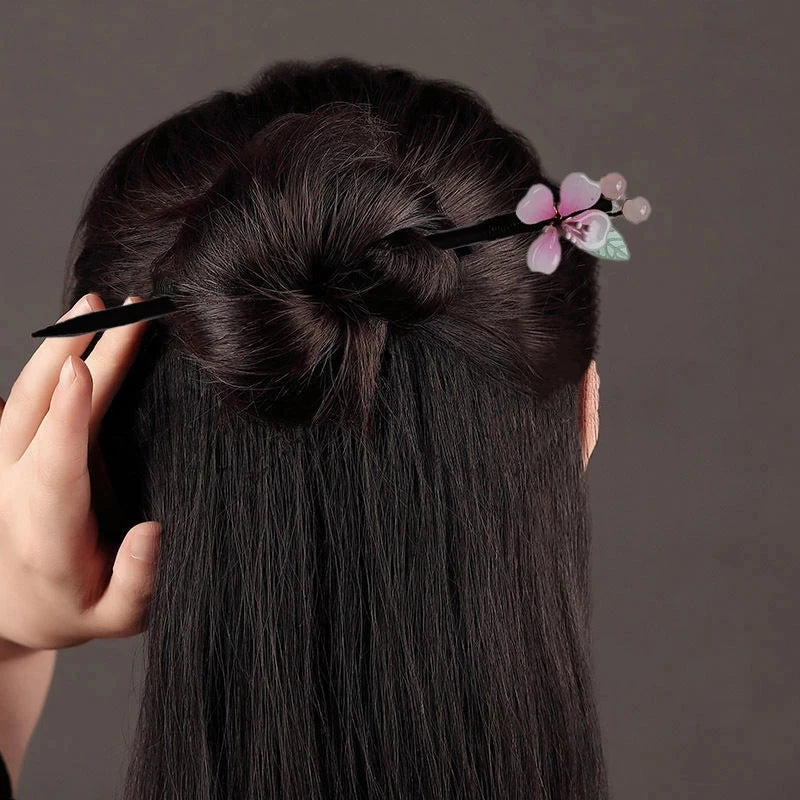 Floral Hair Pins Handmade Wooden Twist Bun Pin Chopsticks Flower Hair Clips Chinese-style Hair Stick