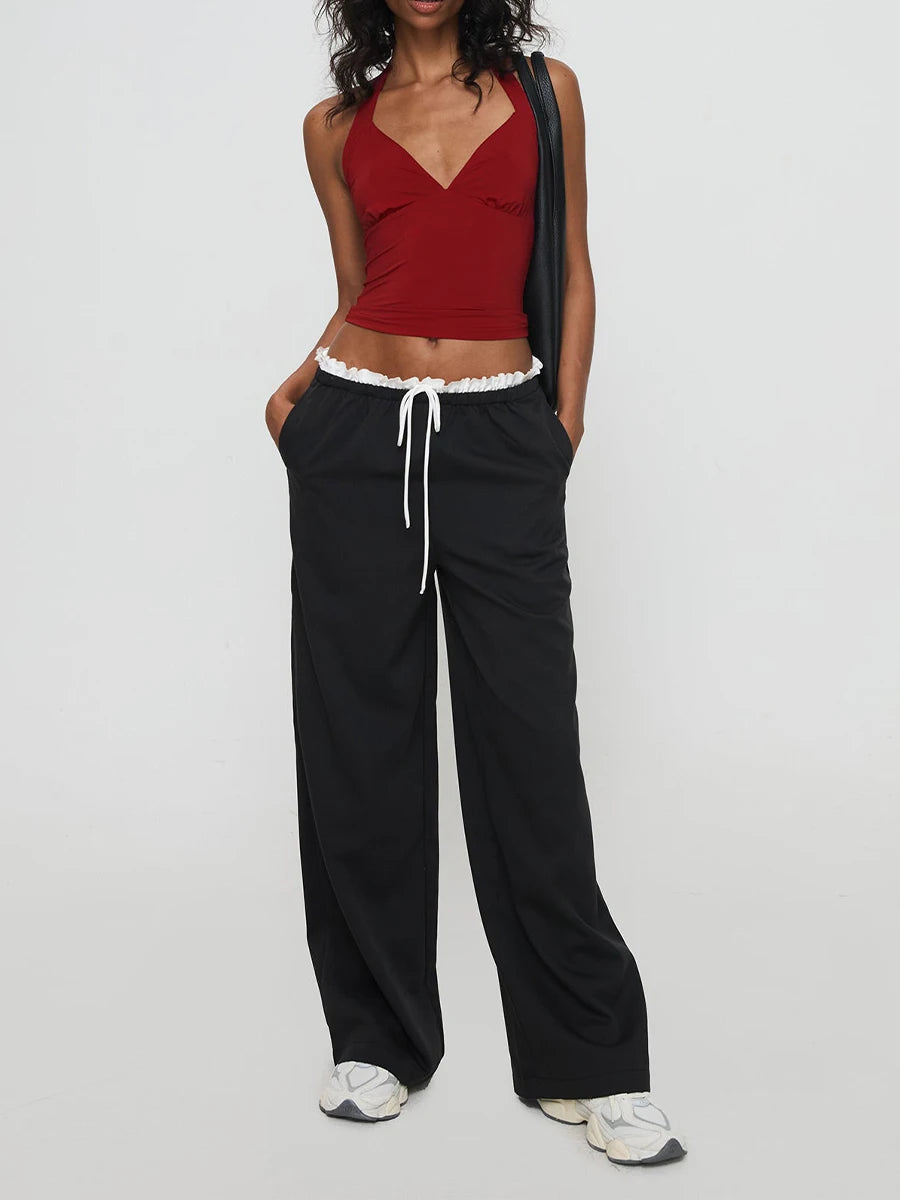 Women s High Waisted Wide Leg Palazzo Pants with Drawstring Waist and Side Pockets Casual Loose Fit Trousers for Work or Weekend