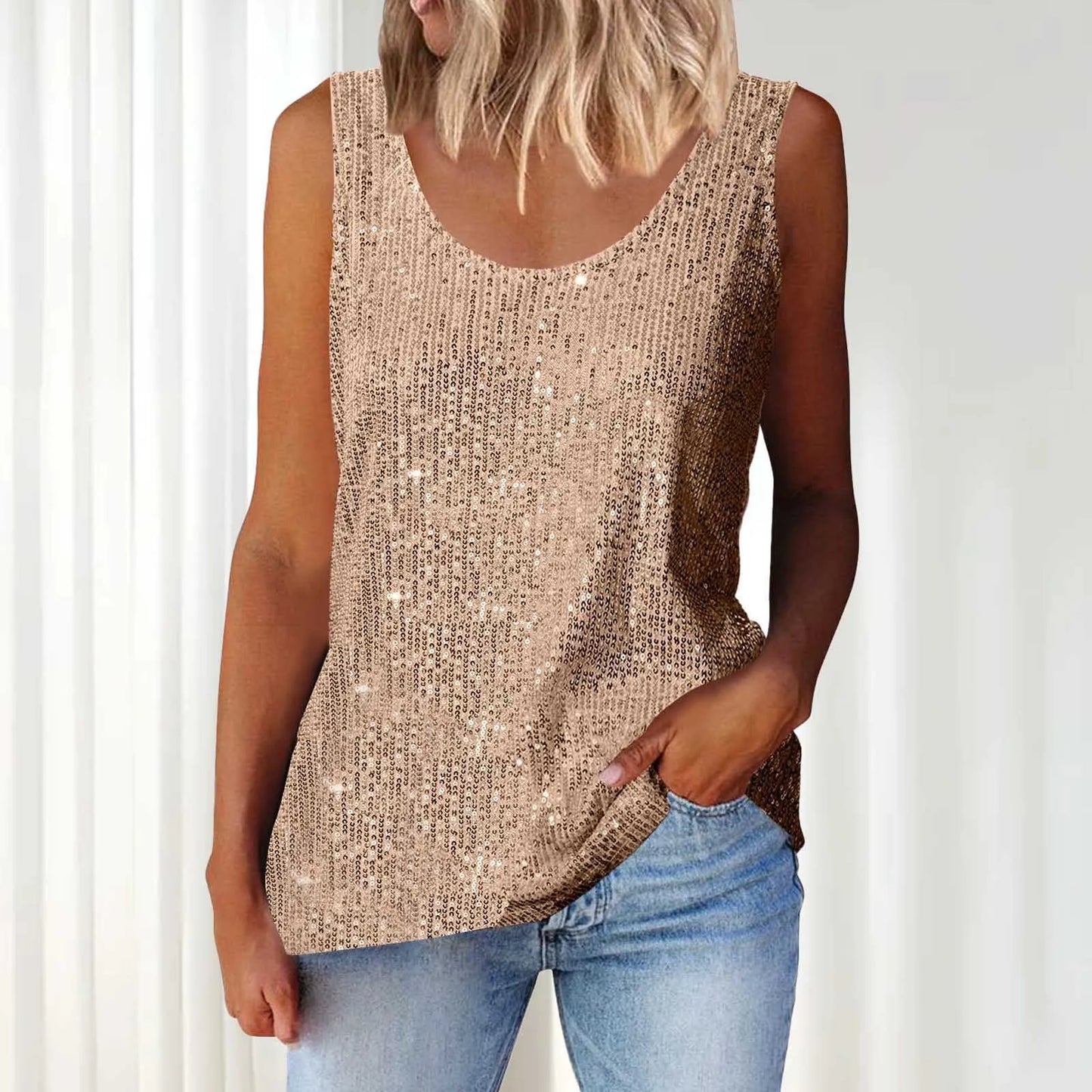 Sequin Women Summer Tank Top Fashion Round Neck Sleeveless Tanks Tops Women Blouses
