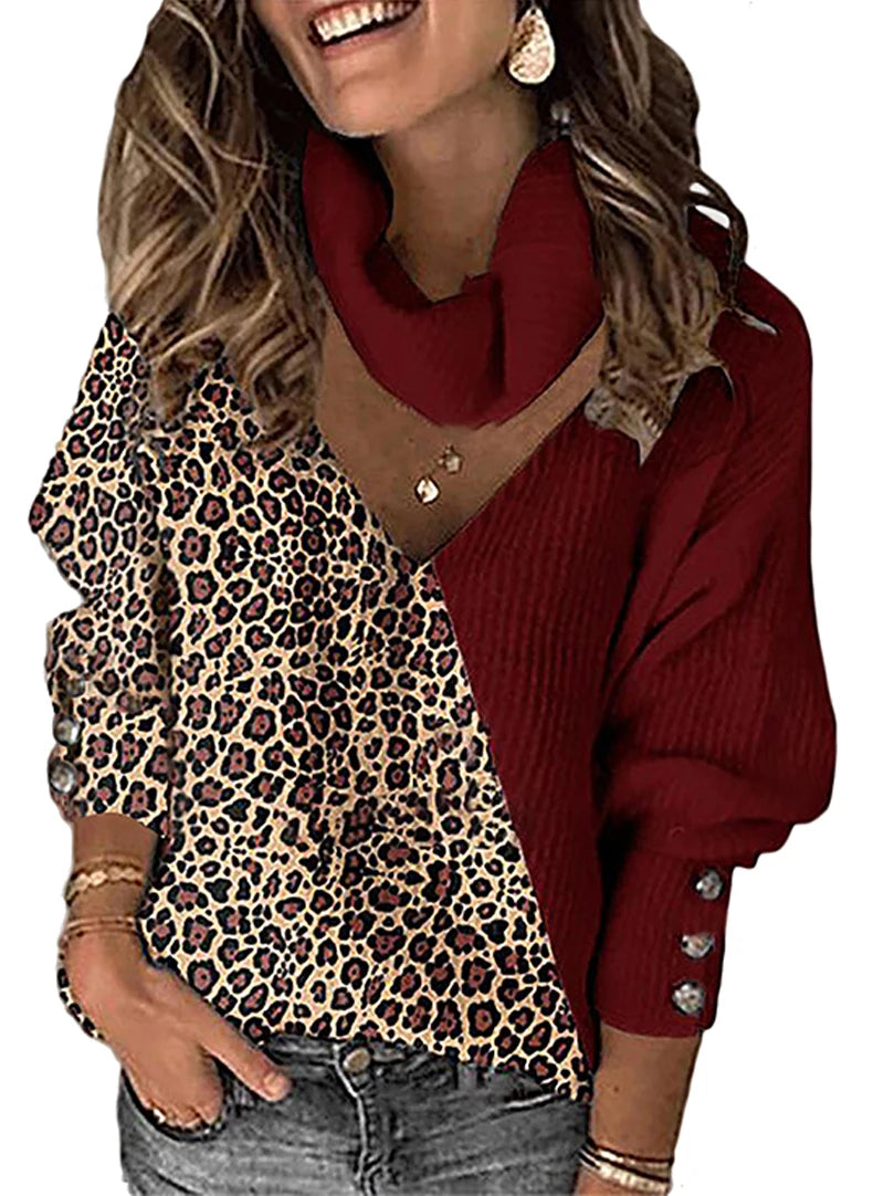 Autumn and winter women's leopard print color blocked temperament Cowl loose neck hollow knit sweater
