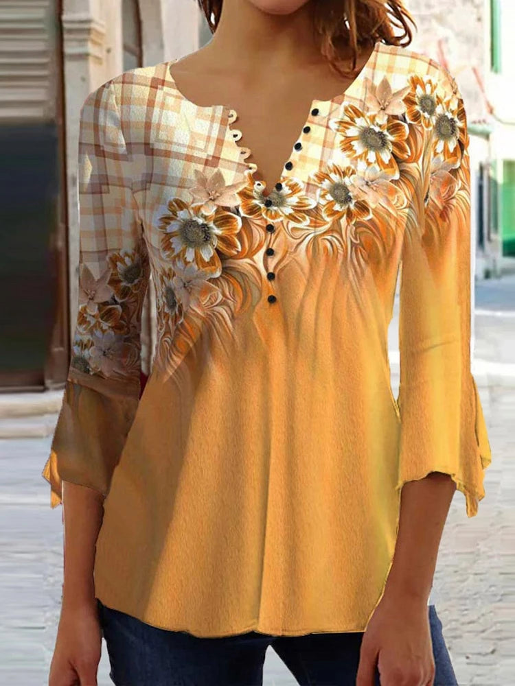 Summer Street Fashion Button-Down T-Shirt Loose Women'S Comfortable Clothing Shirt 3d Printed Trend Seven-Quarter Sleeve Top