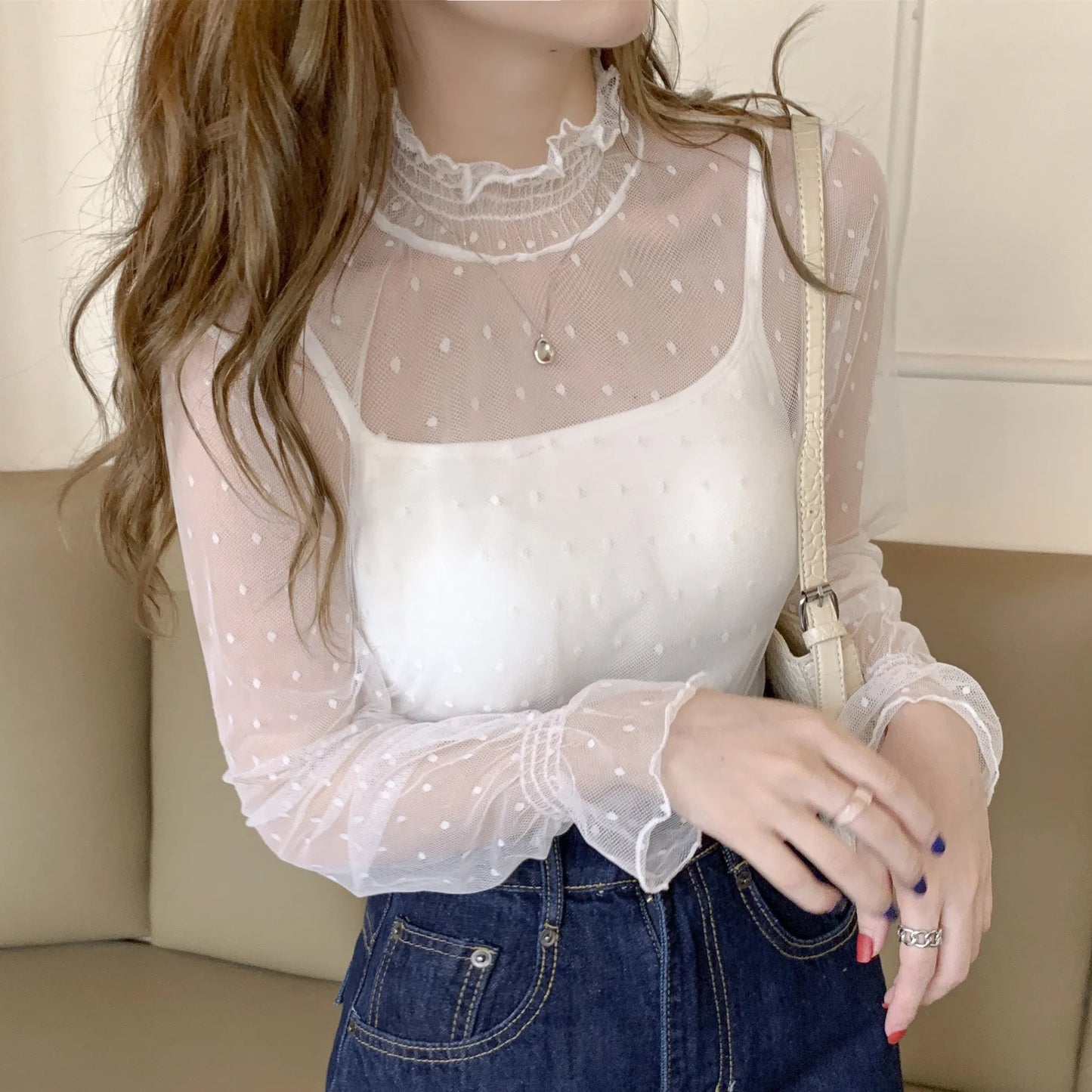 See Through Lace Flower Women's Blouse  Long Sleeve Spring Summer Thin Crop Top