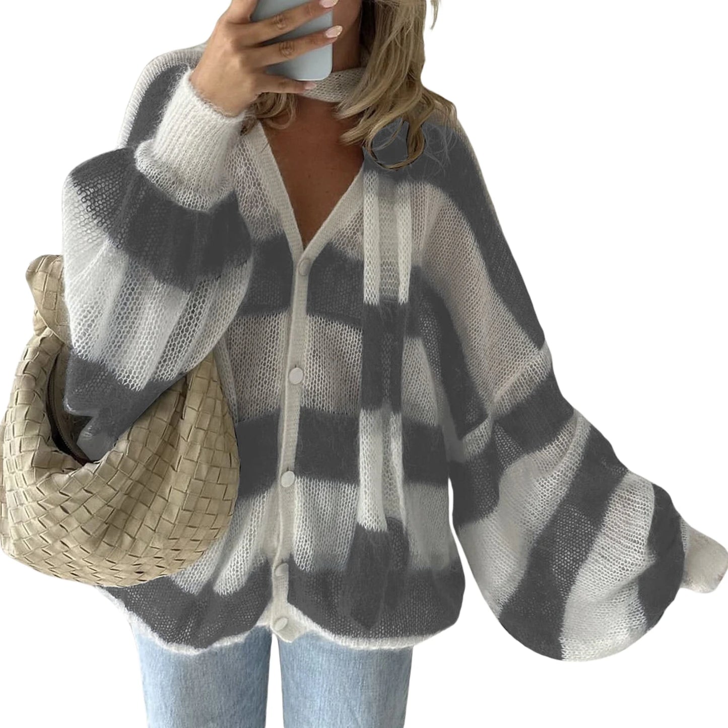 Ladies Cozy Striped Knit Cardigan with V-Neck Long Sleeves Button-Front Closure and Matching Scarf for a Stylish Look