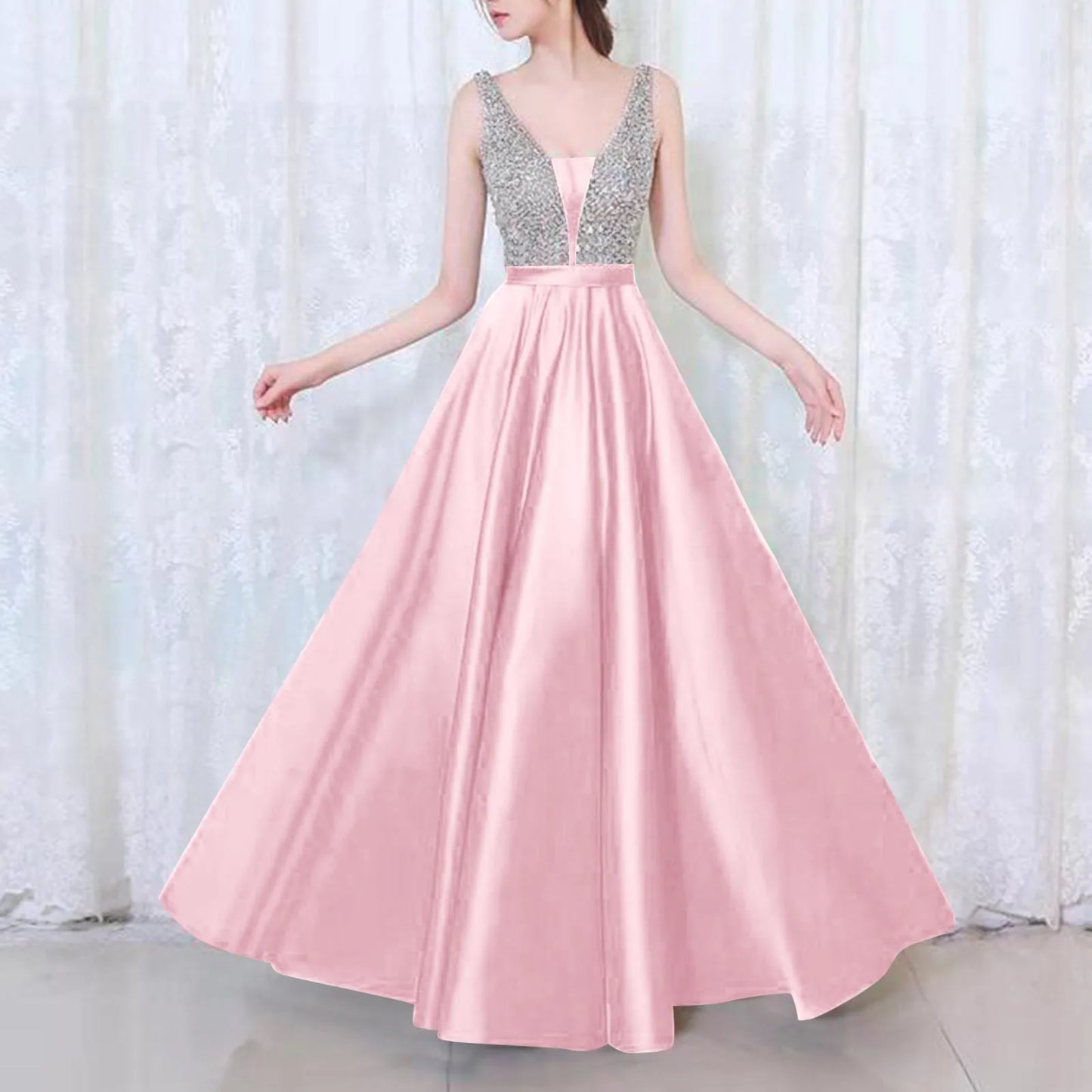 Fashion Sexy V-neck Sequin Evening Dress Women's Elegant Sleeveless High Waist Swing Hem Sparkly Dress Female Prom Dresses