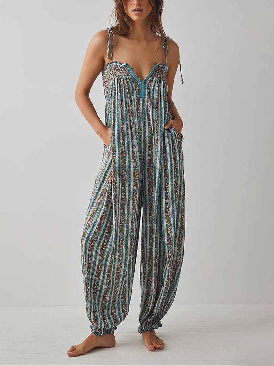 Women Summer Cami Jumpsuits Retro Floral Print Tie-Up Spaghetti Strap Sleeveless Long Rompers Fashion Loose