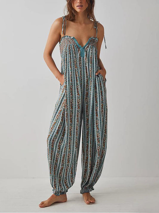 Women Summer Cami Jumpsuits Retro Floral Print Tie-Up Spaghetti Strap Sleeveless Long Rompers Fashion Loose