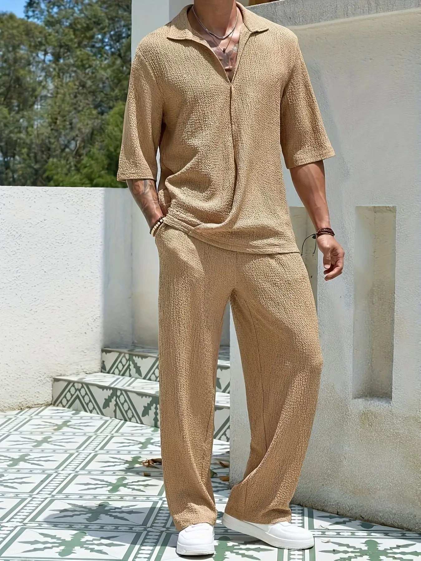 Spring new men's suit-collar commuter casual shirt Fashion retro high-quality solid color half-sleeve pants two-piece set