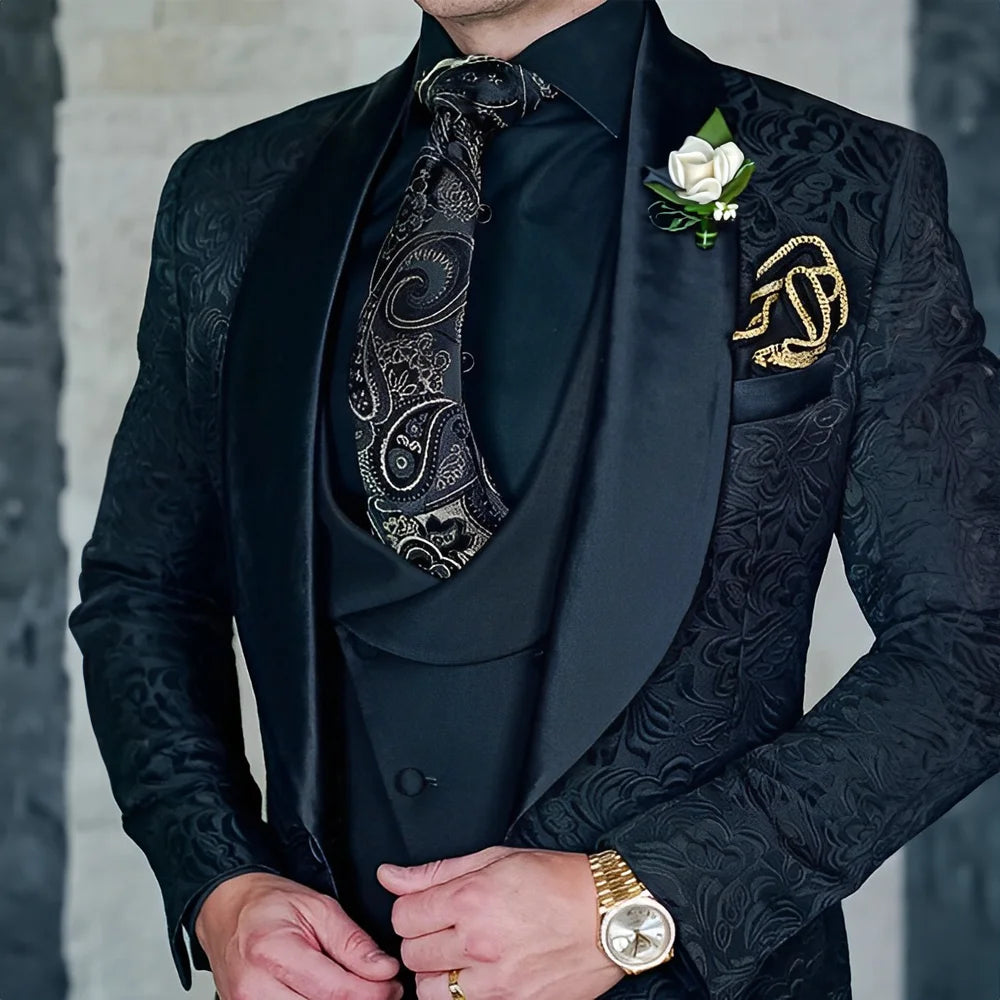 Jacquard Men's 3-piece Suit Set Formal Party Dress Groom's Tuxedo High Quality Elegant Men's Customized Outfit