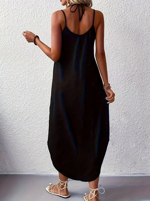 Solid Color Curvy Hem Tank Dress, Sexy Sleeveless Strap Loose Maxi Dress, Women's Clothing