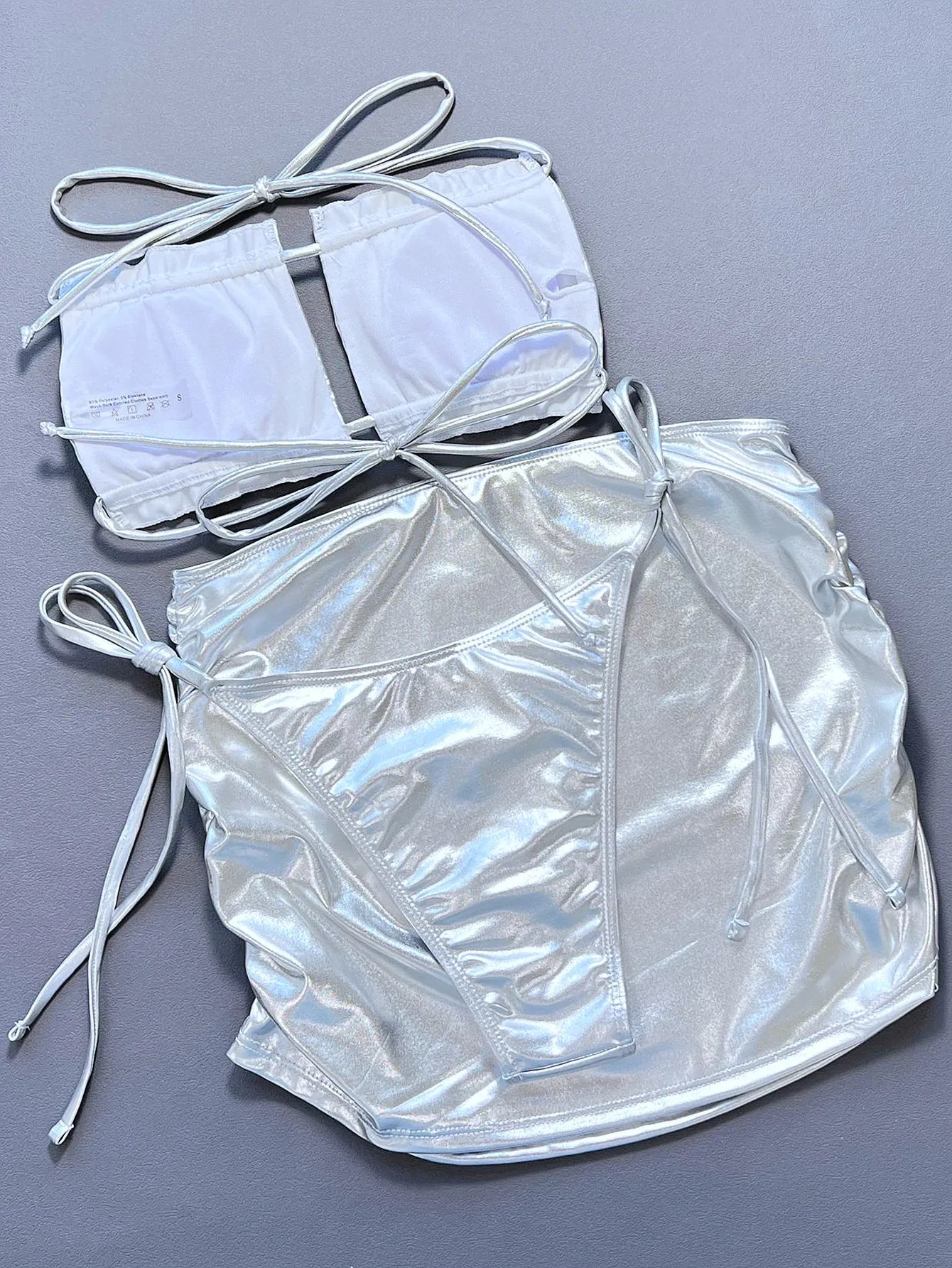 Silvery Shiny 3 Piece Swimsuit for Women High Waist Skirt Bikini Strapless Hollow Out Backless Ruffle Bathing Suit