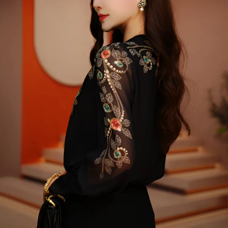 Spring and Summer V-neck Printed Gauze  Long Sleeved Loose Breathable Shirt