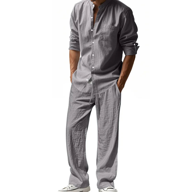 Spring and Summer Men's Suit Linen Casual Loose Breathable Long Sleeves Shirt Trousers 2 pc Set of Beach Vacation Essential
