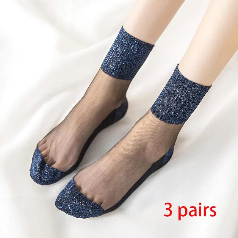 3 Pairs Spring Summer Women's Ultrathin Transparent Socks Glitter Crystal Glass Silk Socks Soft Lace Shiny Elastic Short Socks