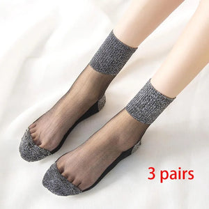 3 Pairs Spring Summer Women's Ultrathin Transparent Socks Glitter Crystal Glass Silk Socks Soft Lace Shiny Elastic Short Socks