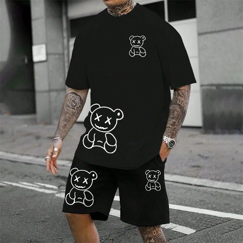 American fashion brand sports short sleeved shirt quick drying men's set summer new loose digital print set soft