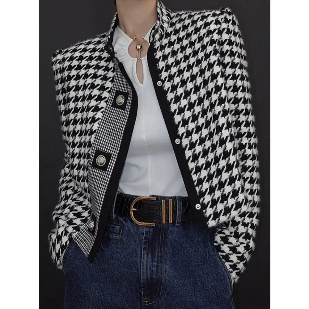 Houndstooth Classics Blazer Outerwear Vintage Stand Collar Long Sleeves