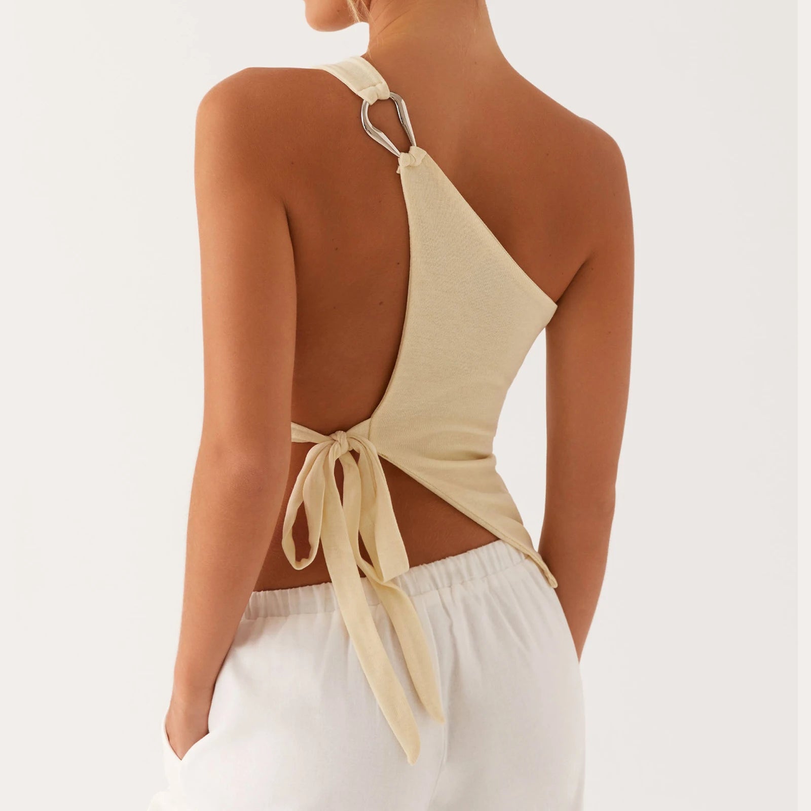 Women Off One Shoulder Tank Tops Solid Stylish Side Tie Design Summer Vest Fashion Sexy Bandage Tops