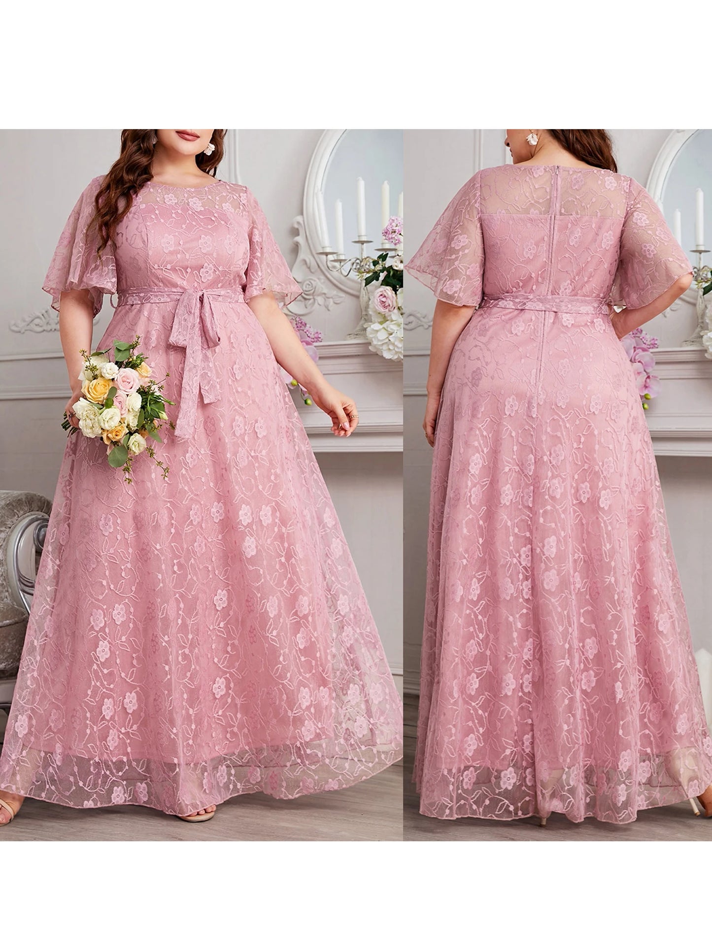 Round-Neck Short Sleeve Solid Print Maxi Dress with Belt