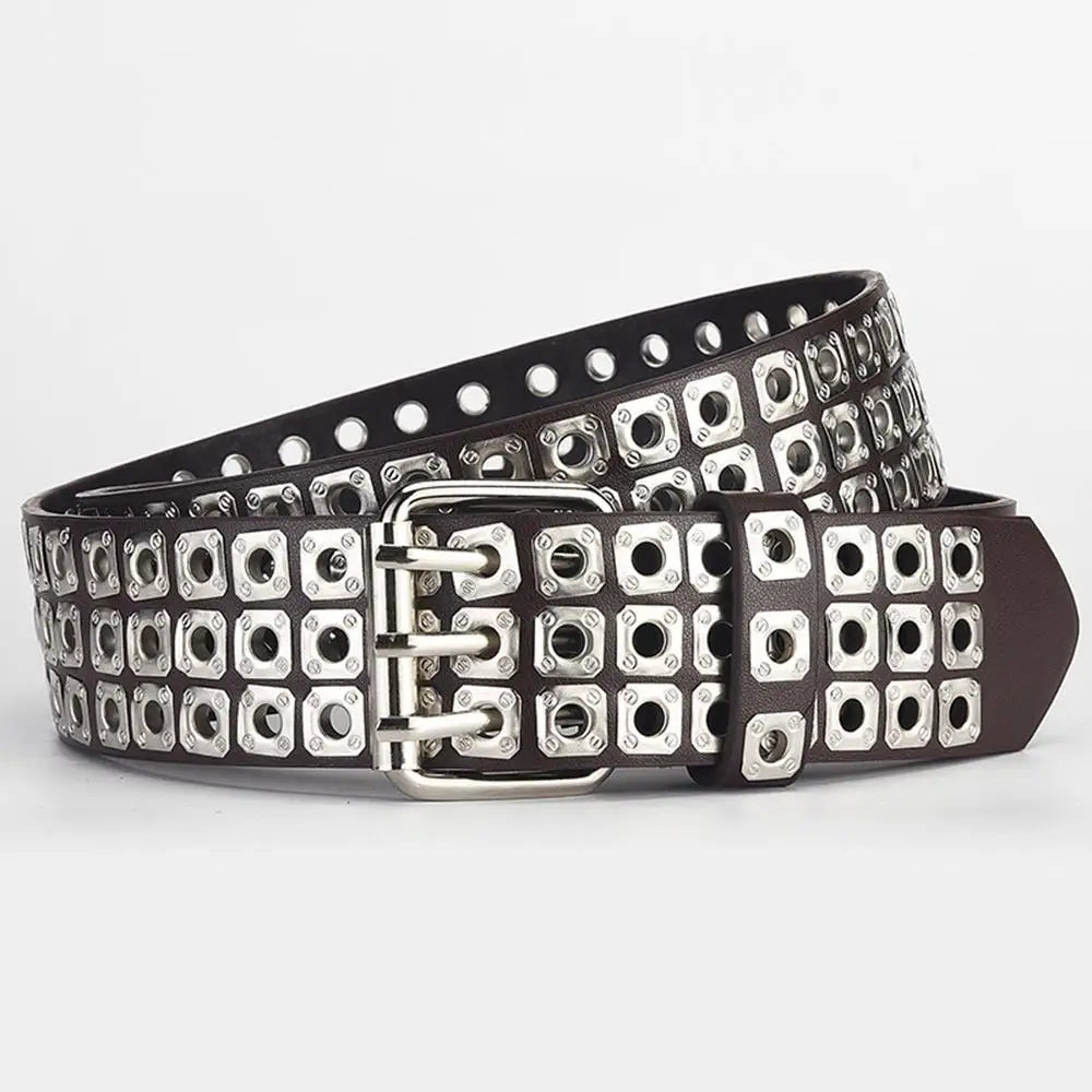 3.8cm Width PU Leather Belt With Metal Rivet Design 3 Pin Buckles Waistband Goth Belt