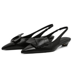 Kitten Low Heels Bownkot Pointy Toe Leisure Sandals Pleated Slip-on Back Strap Flats