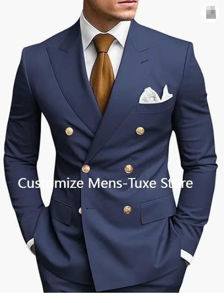 High Quality Men's Suits Double Breasted Bespoke Double Breasted Peaked Lapel Formal Blazer Slim Fit 2 Piece Jacket Pants