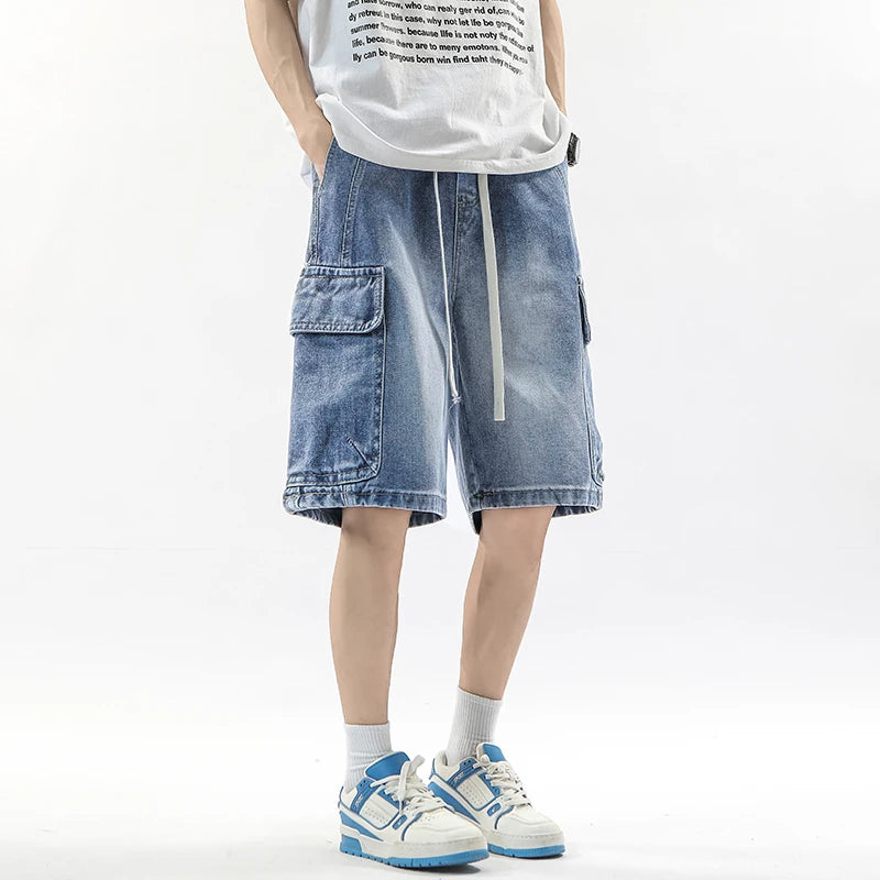 Summer Workwear Denim Shorts Street  Loose Straight Shorts Stretch Waist Casual Jogging Outdoor Five-Cubic Pants