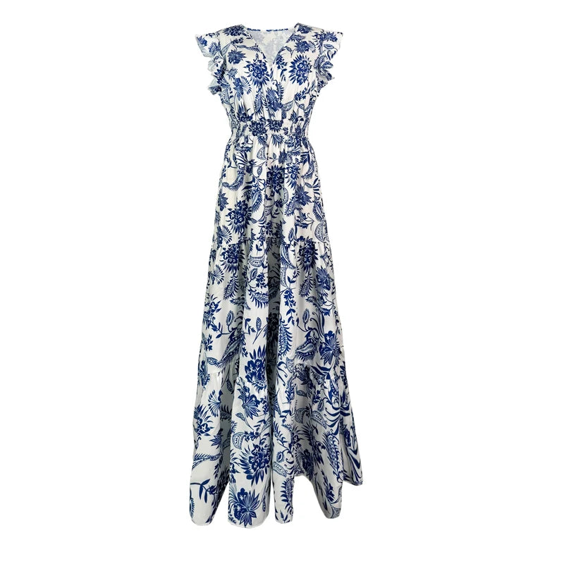 Fashion Floral Dress Casual V-neck Sleeveless Ruffles Tighten The Waist Slimming Elegant Bohemian Floral Women's Dress