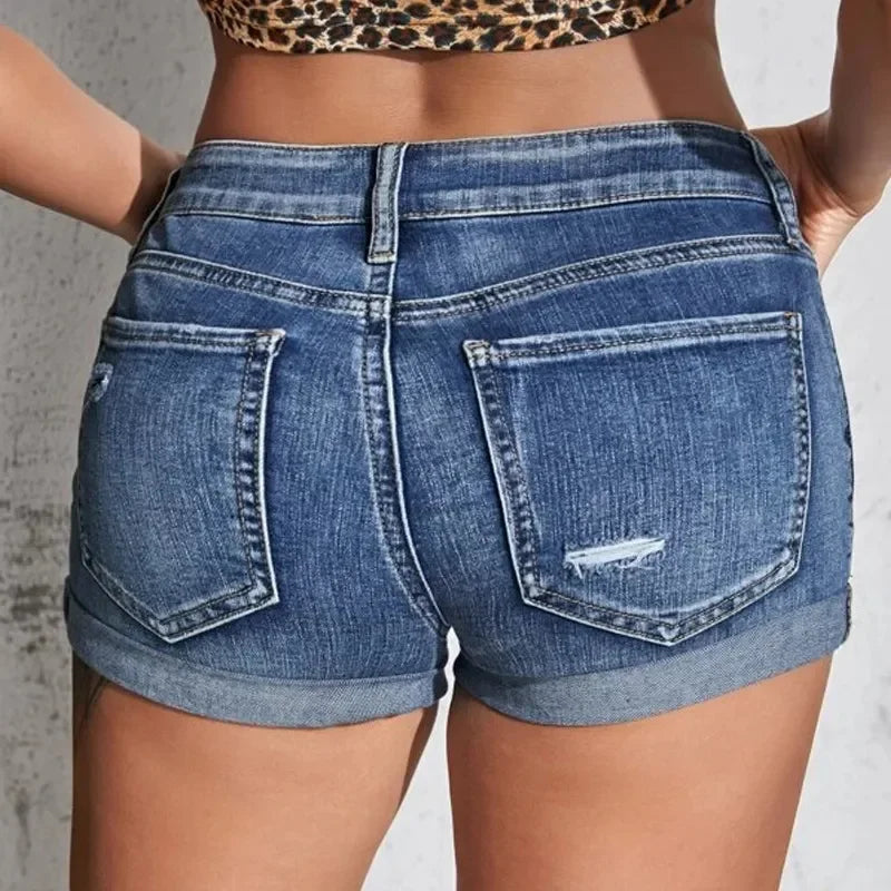 Women's Split Denim Shorts Mid Waist Curled Cuff Casual