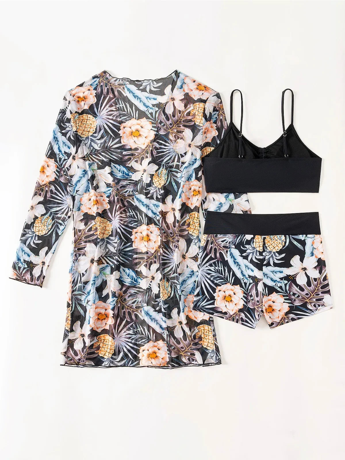 Women's Flower Print Three Piece Swimsuit Long Sleeve Mesh Sunscreen Cover-up Bikini Set High Waist Lace-up Swimwear