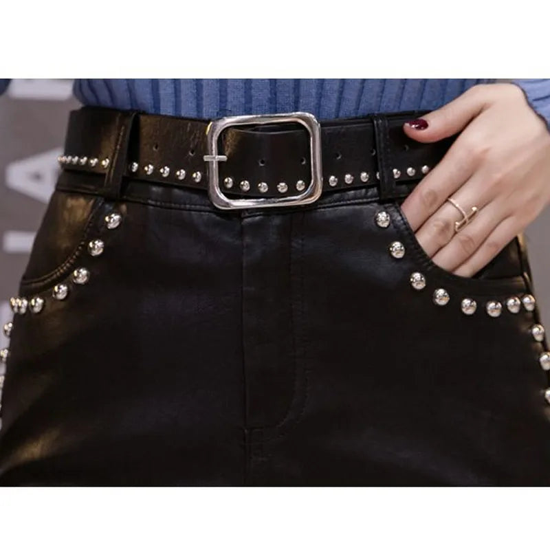 Beading  Leather Skirt Autumn Winter  High Waist