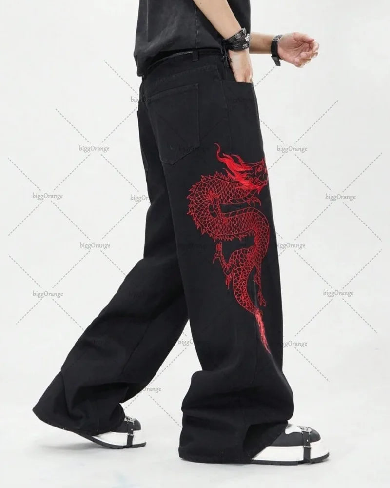 American Retro Oriental Dragon Design Fashionable Loose Jeans  Street Hip-hop Casual Straight Wide-leg Pants Women