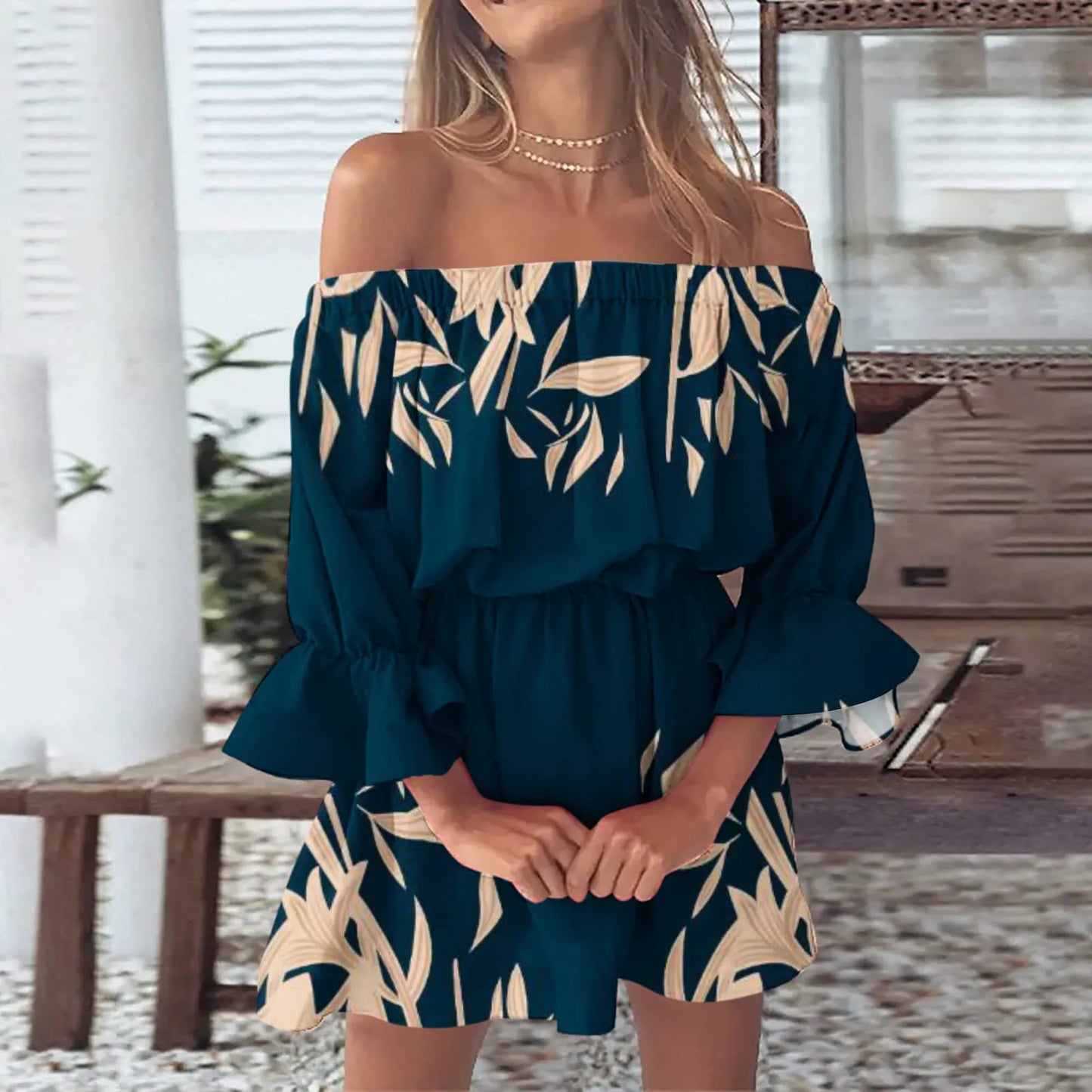 Summer Sexy Off Shoulder Party Dress Women Sexy Print Tunic Sundresses Casual Loose Fit Bell Sleeve Mini Dress