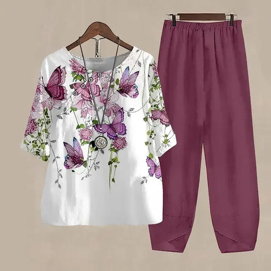 Ladies Elegant Vintage Suit Butterfly Print Two Piece Set Casual Female Loose Outfits O Neck Short Sleeve Shirt With Pants