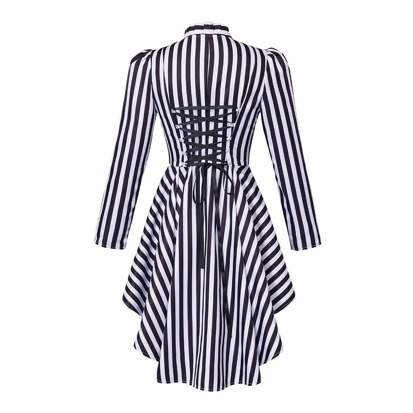 Black/White Stripe Elegant Women Irregular Hem Trench Coat  Vintage One Button Slim Tailcoat