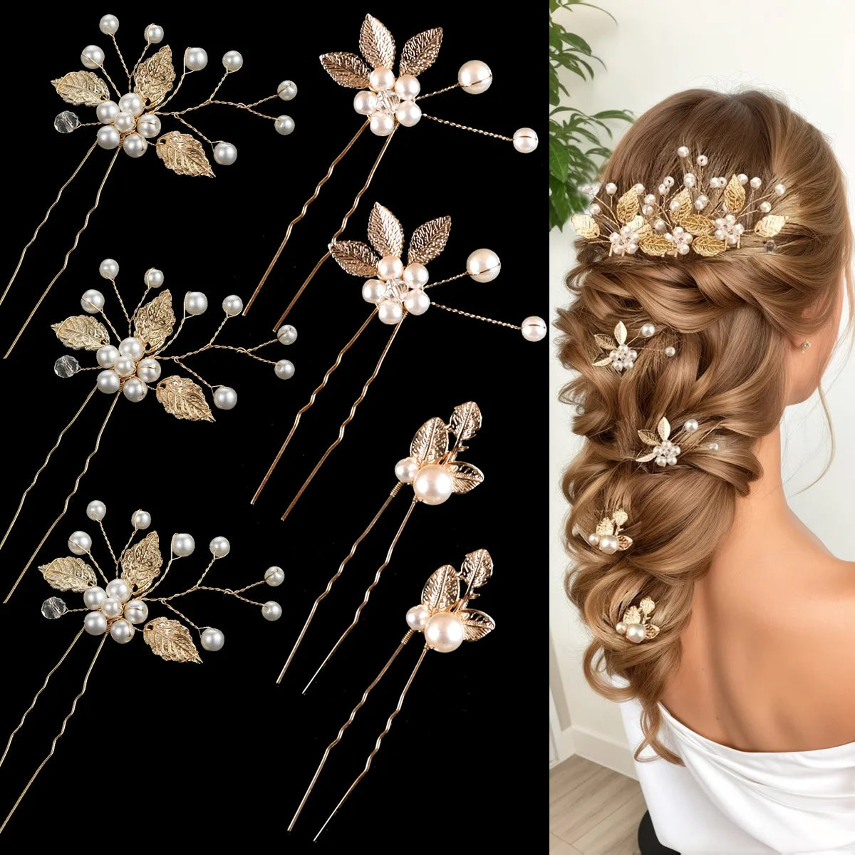 Pearl Flower Hair Comb  Wedding Hairpin Alloy Leaf  Shaped Hair Clips Floral Headpiece Bridal Hair Jewelry Accessories
