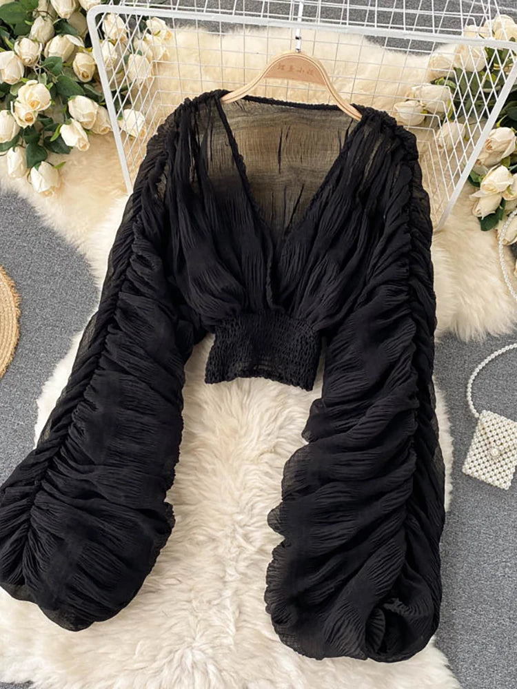 Summer Sexy Draped Chiffon Blouse For Women Elegant V-Neck Puff Long Sleeve Short Tops