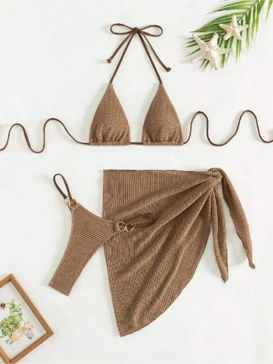Brown Bikini Set Women Halter Push Up Bra Skirt 3 Piece Swimsuit Summer Bathing Suit Cover Up Thong Swimwear