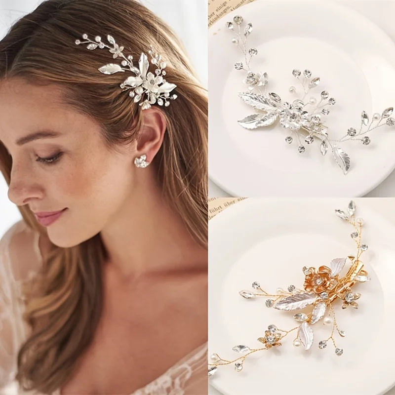 Trendy Gold Silver Color Flower Leaf Crystal Hairpin Headband Hair Accessories Headpiece Jewelry Ornaments